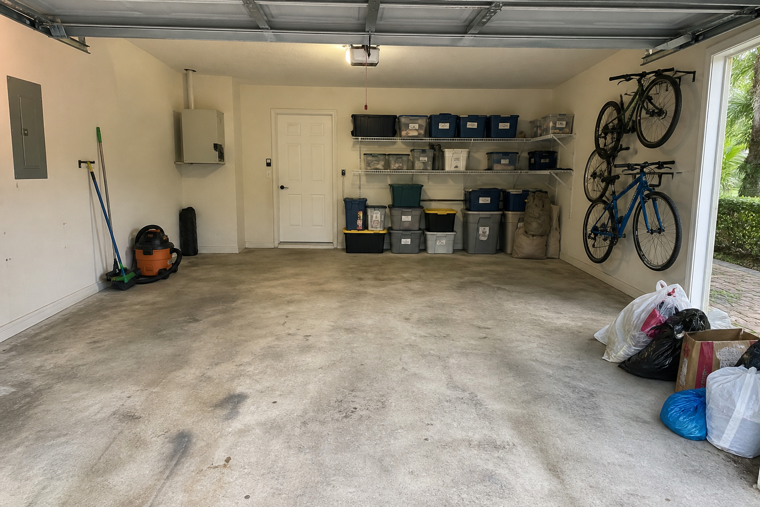CONCEPT photo after a Saturday reset: bins, hooks, donation bags, stained concrete — not epoxy. Not a client job.