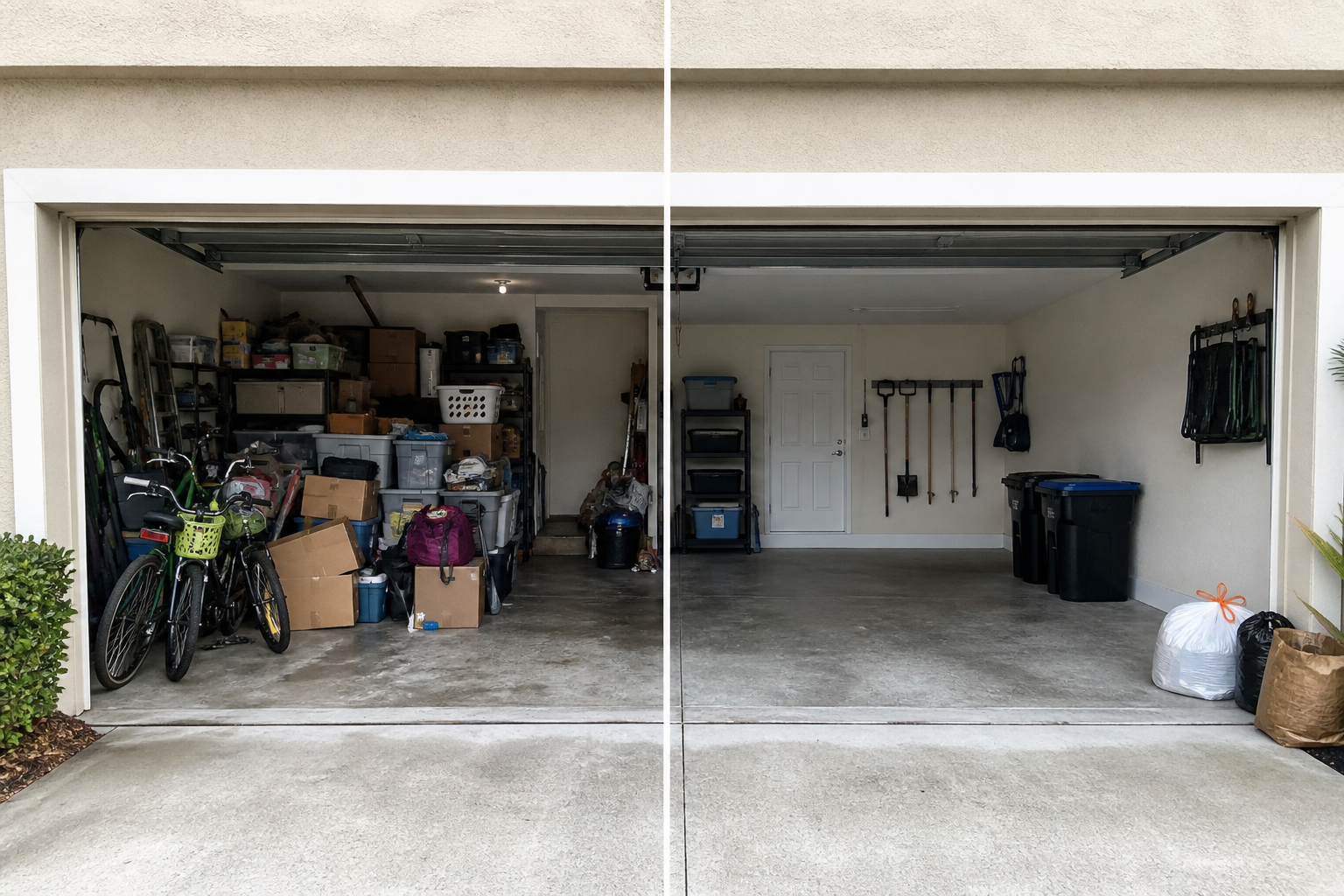 CONCEPT before-and-after split of a two-car garage reset. Not a client job.
