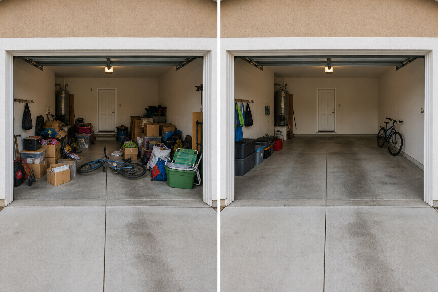 Concept: the same garage before and after a Saturday reset. Not a client job.