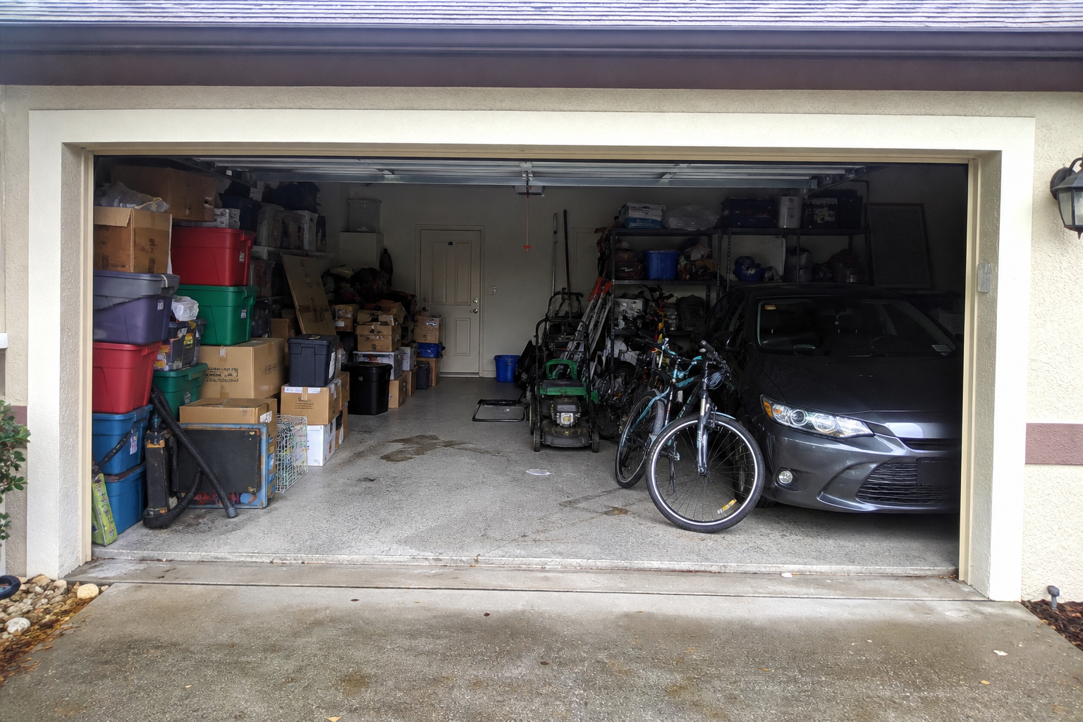 CONCEPT photo of a messy two-car Florida garage you cannot park in. Not a client job.